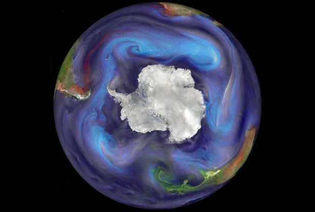 The image shows the emission and transport of dust and other important aerosols to the Southern Ocean on Dec. 30, 2006. Dust is represented with orange to red colors, sea salt with blue, organic and black carbon with green to yellow, and sulfates with ash brown to white. In the image, a plume of dust has been emitted from southern South America and is being transported eastward over the Subantarctic Atlantic Ocean. (Image courtesy of William Putnam and Arlindo da Silva, NASA/Goddard Space Flight Center)