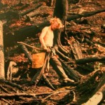 Me replanting trees on a slash burned British Columbia landscape 1973
